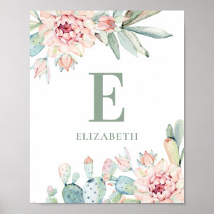 Floral succulents baby monogram. Cactus nursery Poster