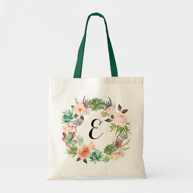 Floral Succulents Blush Peach Wreath Personalized Tote Bag (Front)