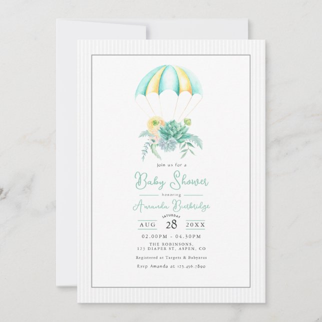 Floral Succulents Bouquet Parachute Baby Shower Invitation (Front)