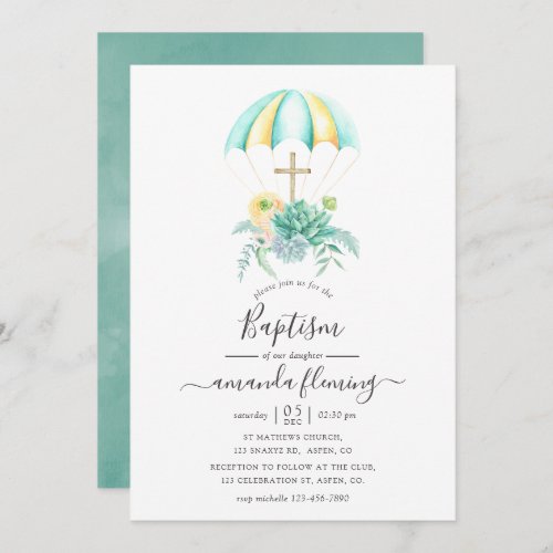 Floral Succulents Bouquet Parachute Baptism Invitation