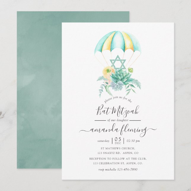 Floral Succulents Bouquet Parachute Bat Mitzvah Invitation (Front/Back)