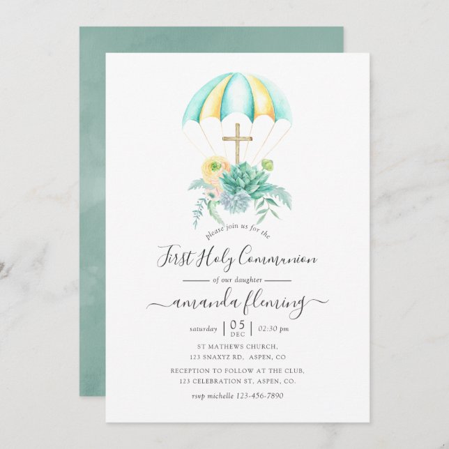 Floral Succulents Bouquet Parachute Holy Communion Invitation (Front/Back)