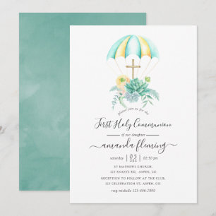 Floral Succulents Bouquet Parachute Holy Communion Invitation