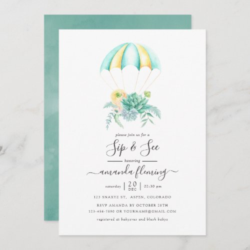 Floral Succulents Bouquet Parachute Sip and See Invitation