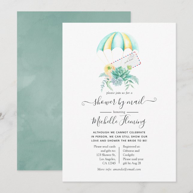 Floral Succulents Parachute Bridal Shower by Mail Invitation (Front/Back)