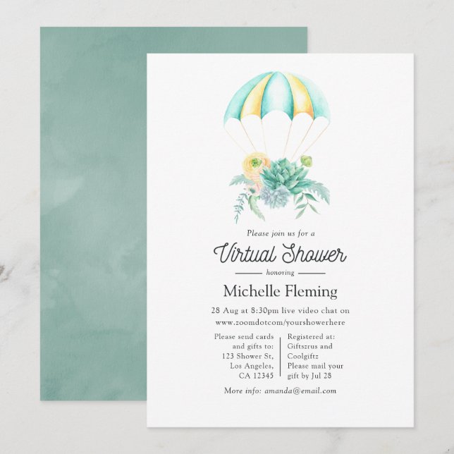 Floral Succulents Parachute Virtual Baby Shower Invitation (Front/Back)