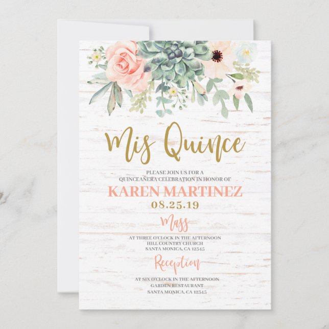 Floral Succulents Quinceañera invitation (Front)