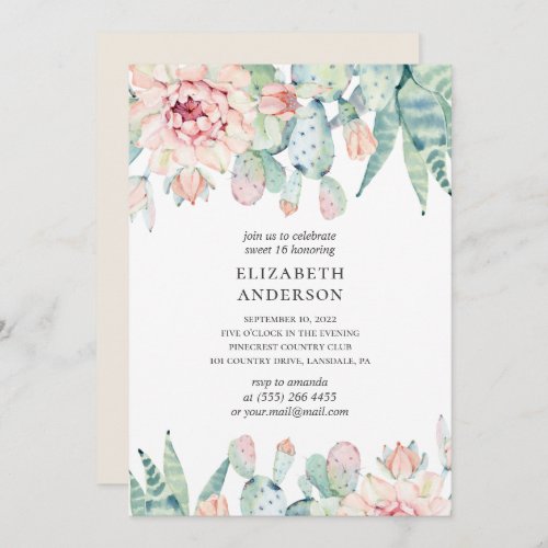 Floral succulents Sweet 16 Cactus 16th birthday Invitation