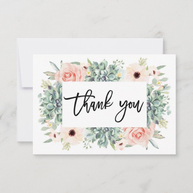 Floral Succulents thank you card, greenery Note Card (Front)