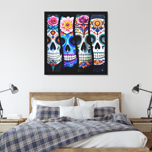 Floral Sugar Skull  Canvas Print (Insitu(Bedroom))