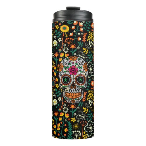 Floral Sugar Skull  Colorful Flowers Pattern Thermal Tumbler