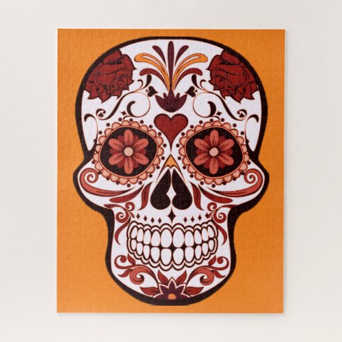 Floral Sugar Skull Day of the Dead Art Orange Jigsaw Puzzle