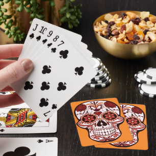 Floral Sugar Skull Day of the Dead Art Orange Poker Cards