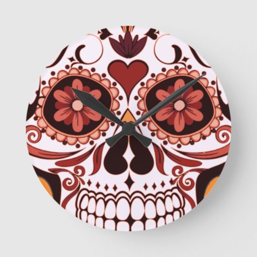 Floral Sugar Skull Day of the Dead Art Round Clock