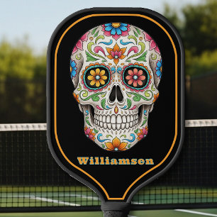 Floral Sugar Skull Day of the Dead, Black Carbon Fiber Pickleball Paddle