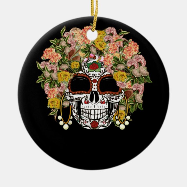 Floral Sugar Skull Day of the Dead Dia De Muertos Ceramic Ornament (Front)