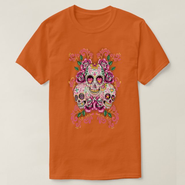 Floral Sugar Skull Day of the Dead Dia De Muertos  T-Shirt (Design Front)