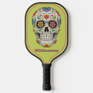 Floral Sugar Skull Day of the Dead, Green Carbon Fiber Pickleball Paddle