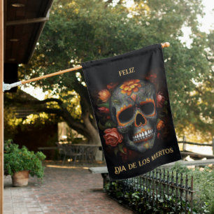 Floral Sugar Skull Dia de los Muertos Calavera House Flag