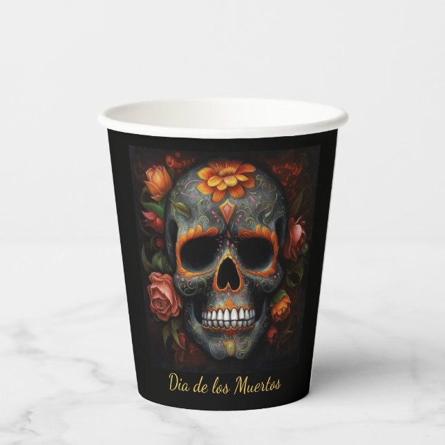 Floral Sugar Skull Dia de los Muertos Calavera Paper Cups (Back)