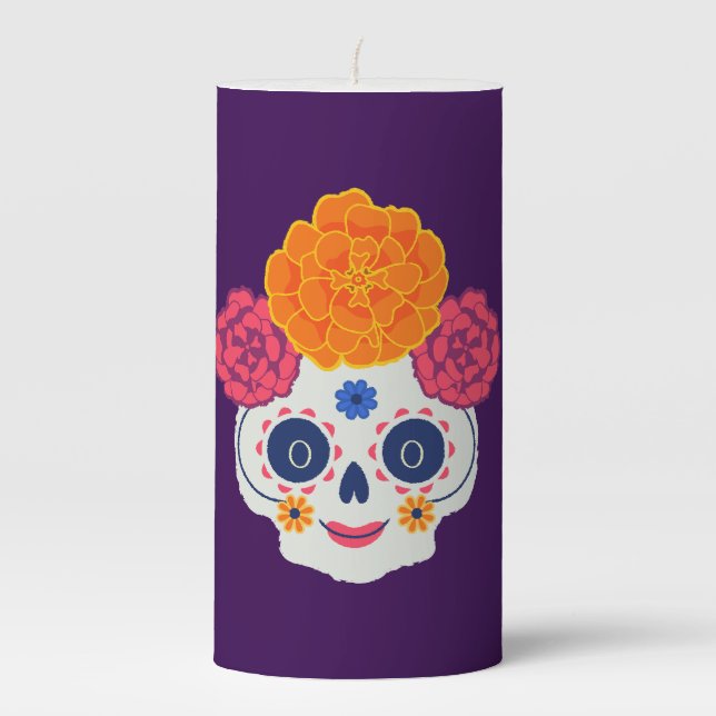 Floral Sugar Skull – Día de los Muertos Decor Pillar Candle (Front)