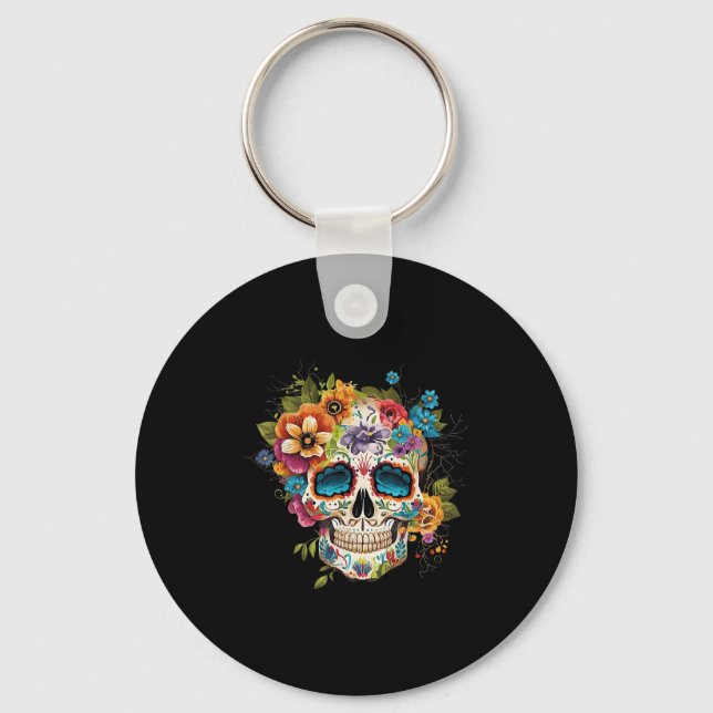 Floral Sugar Skull Dia De Los Muertos Gothic Day O Keychain (Front)