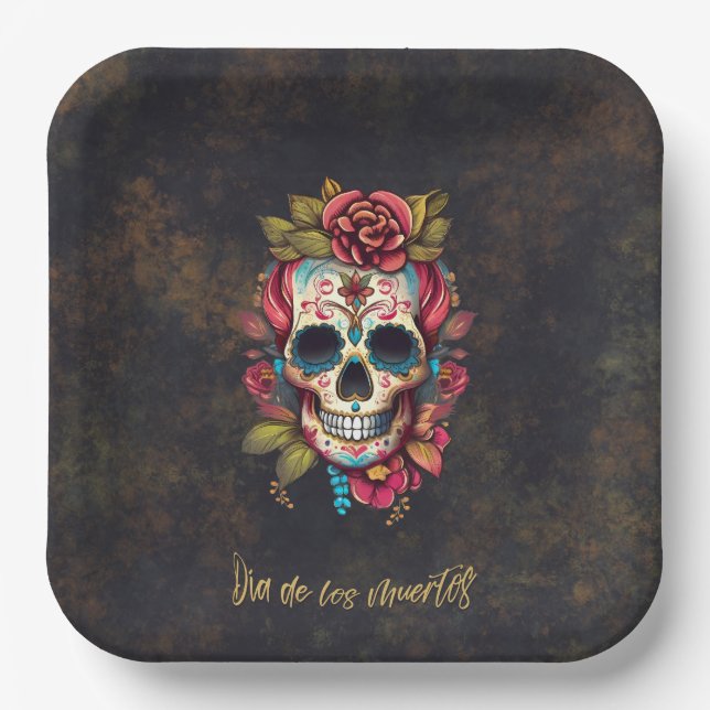 Floral Sugar Skull Dia de los Muertos Party Paper Plates (Front)
