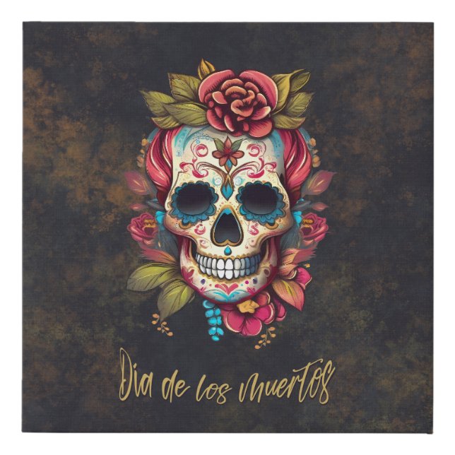 Floral Sugar Skull Día de los Muertos Spanish  Faux Canvas Print (Front)