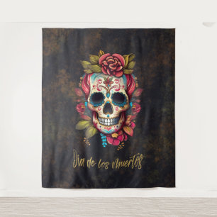Floral Sugar Skull Día de los Muertos Spanish Tapestry