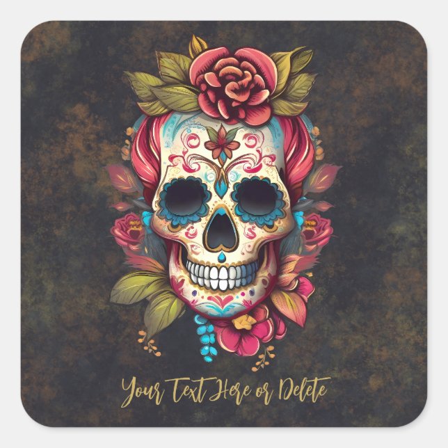 Floral Sugar Skull Día de los Muertos Thank You  Square Sticker (Front)