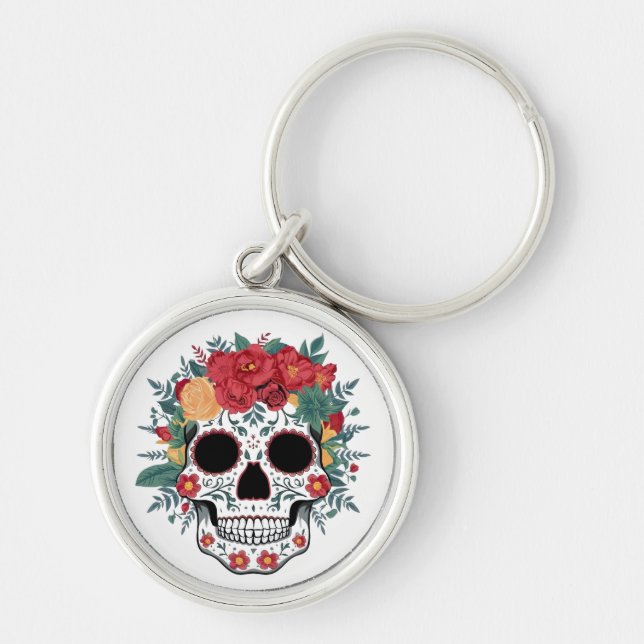 Floral Sugar Skull Keychain (Front)