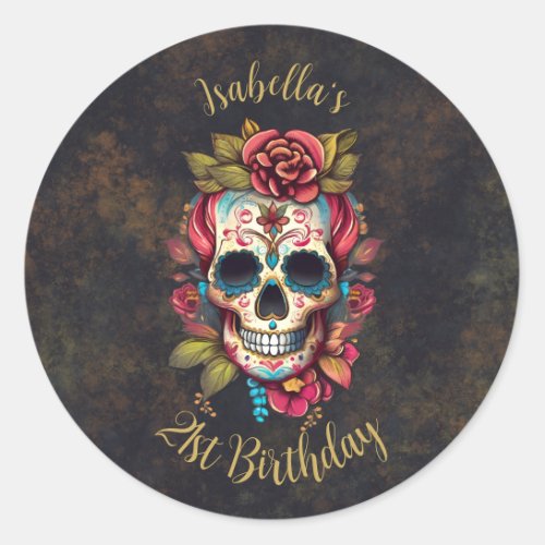 Floral Sugar Skull Milestone Birthday  Classic Round Sticker