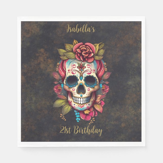 Floral Sugar Skull Milestone Birthday Napkins (Front)