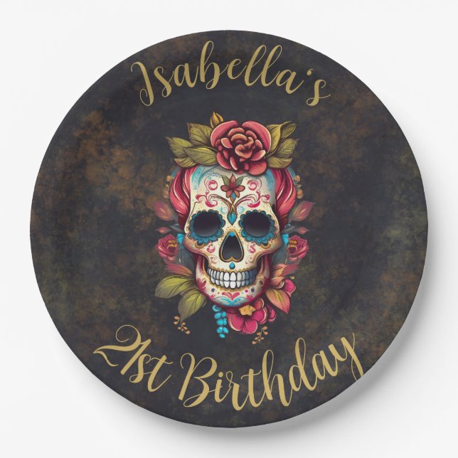 Floral Sugar Skull Milestone Birthday Paper Plates (Front)