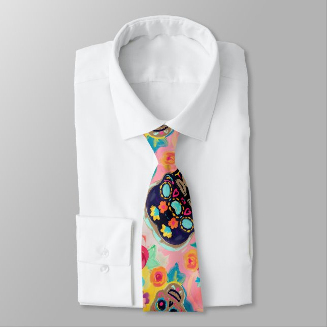Floral Sugar Skull Painting Neck Tie (Tied)