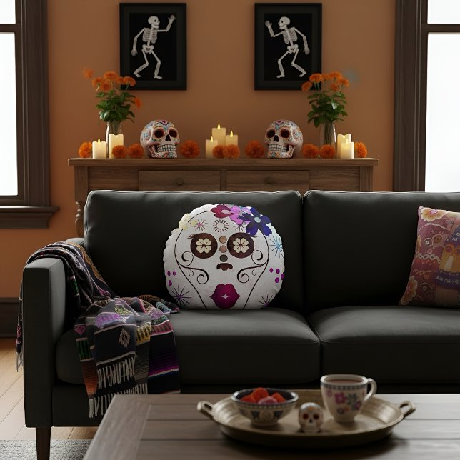 Floral Sugar Skull Pastel  Round Pillow (Creator Uploaded)