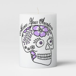 Floral Sugar Skull Purple Honor Your Ancestors Pillar Candle