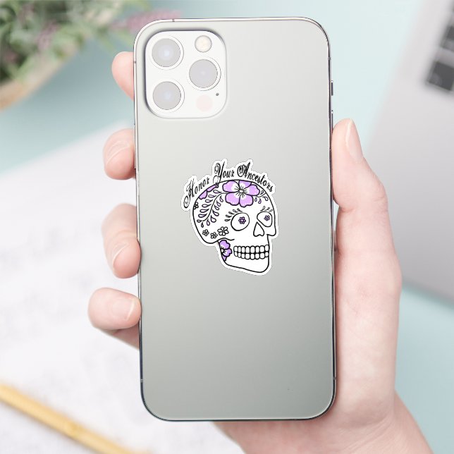 Floral Sugar Skull Purple Honor Your Ancestors Sticker (Phone)