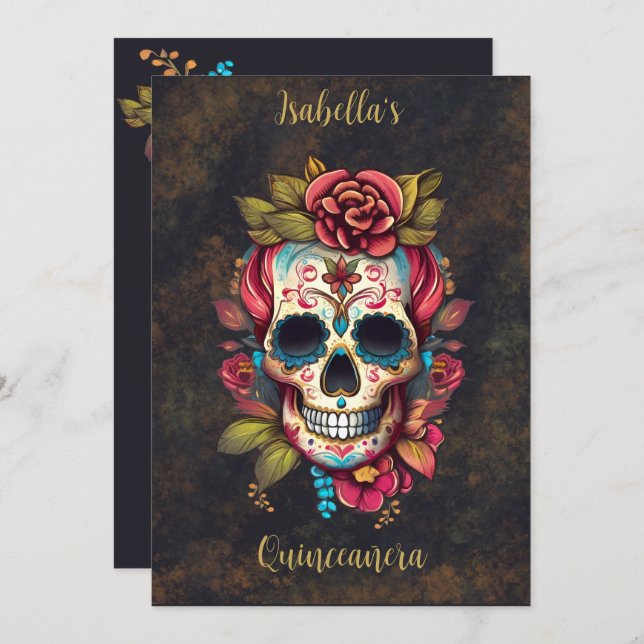 Floral Sugar Skull Quinceanera Birthday English  Invitation (Front/Back)