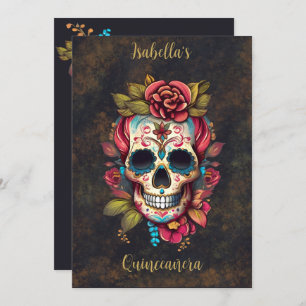 Floral Sugar Skull Quinceanera Birthday English  Invitation
