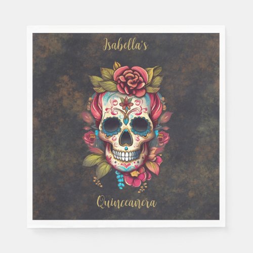 Floral Sugar Skull Quinceanera Birthday English  Napkins