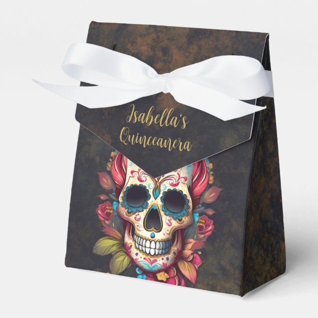 Floral Sugar Skull Quinceanera Birthday  Favor Boxes (Front Side)
