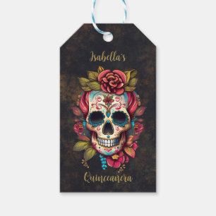 Floral Sugar Skull Quinceanera Birthday Gift Tags