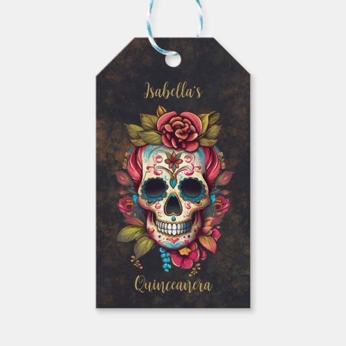 Floral Sugar Skull Quinceanera Birthday Gift Tags