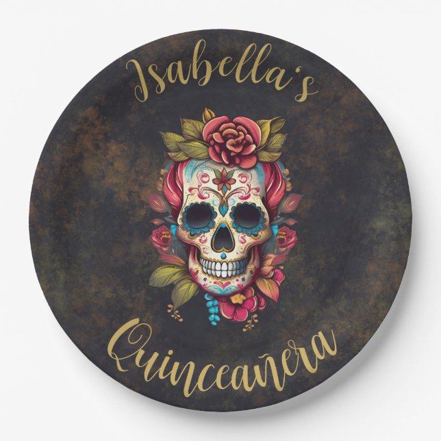 Floral Sugar Skull Quinceanera Birthday Paper Plates (Front)