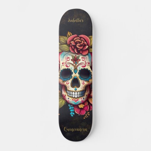 Floral Sugar Skull Quinceanera Birthday Skateboard