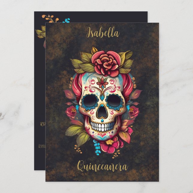 Floral Sugar Skull Quinceanera Birthday Spanish Invitation (Front/Back)