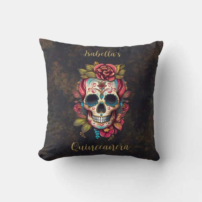 Floral Sugar Skull Quinceanera Birthday Throw Pillow (Front)