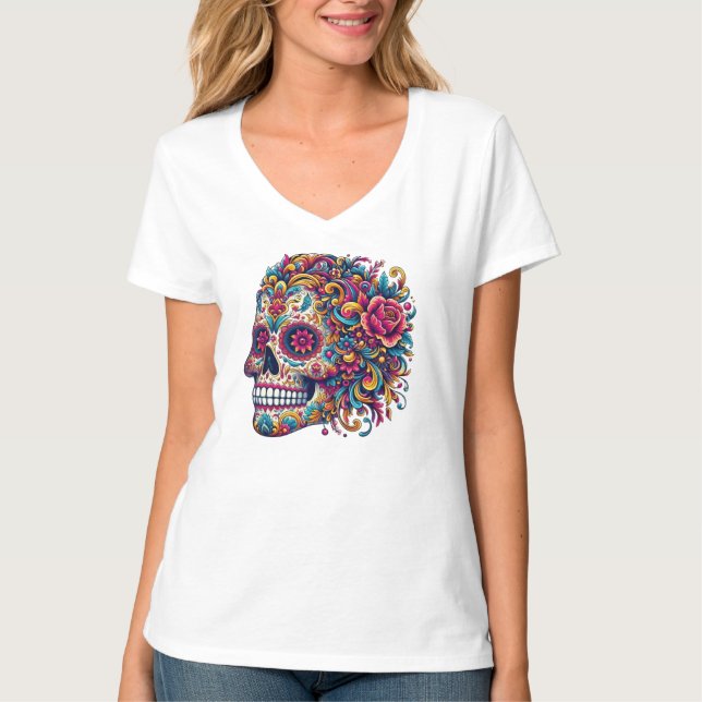 Floral Sugar Skull Side Profile Mexican Art T-Shirt (Front)
