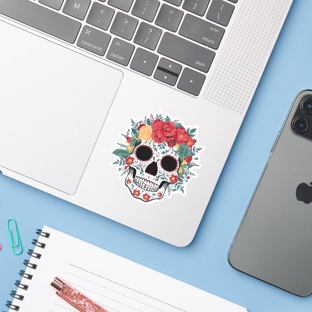 Floral Sugar Skull Sticker (Laptop w/ iPhone)